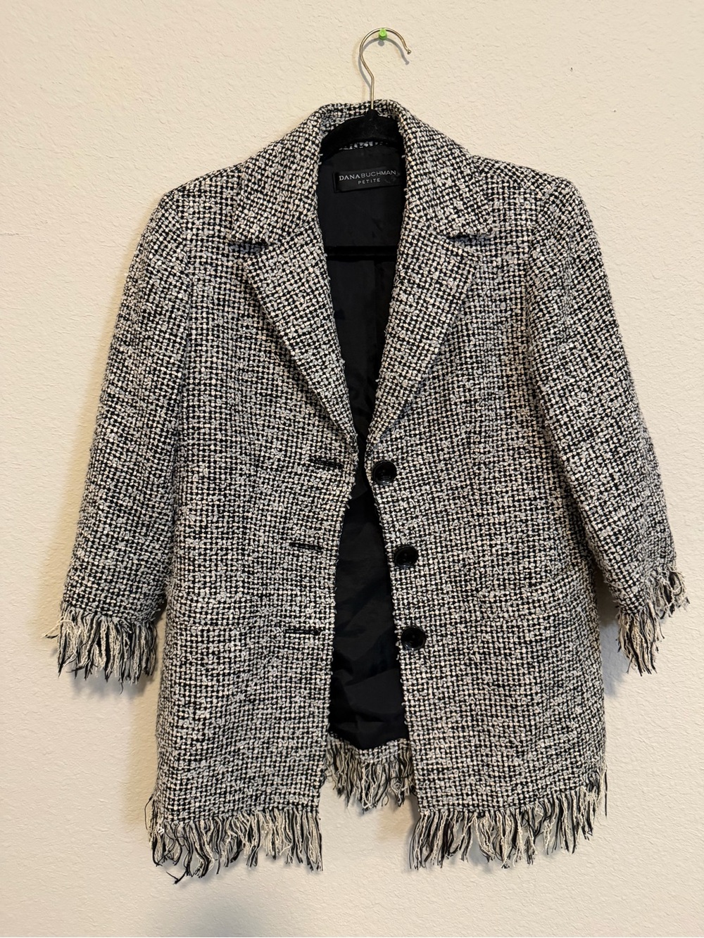 Dana Buchman Black & White Tweed Fringe Coat